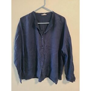 Eileen Fisher Shirt Size L Blue Navy Button Down Long Sleeve Shirt Linen